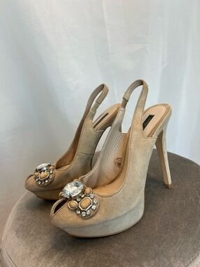 Zara beige suede gem jewelled embellished peep toe platform high heel Slingback
